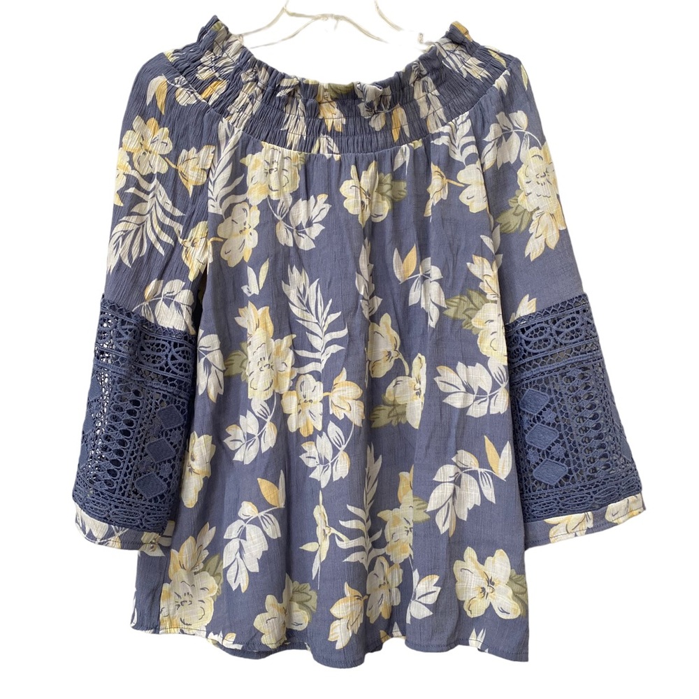 By Design Smocked Top Blue Yellow White Off Shoulder Floral Shirt Crochet Trim L